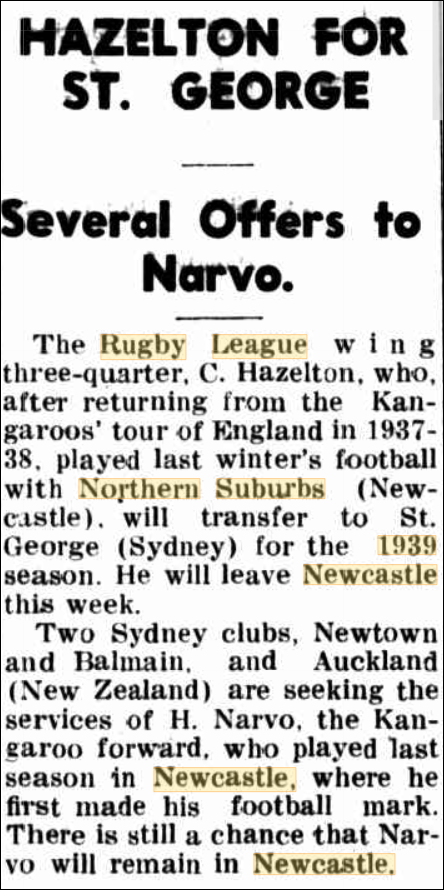 Charlie Hazelton transfers to St George 1938.