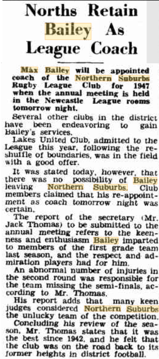 Max Bailey retained as Coach 1947.