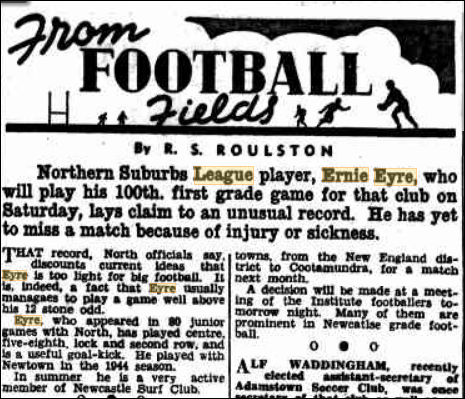 Ernie Eyre 100 games 1947.