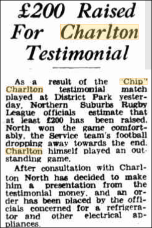 Money raised for Chip Charlton's Testimonial 1945.