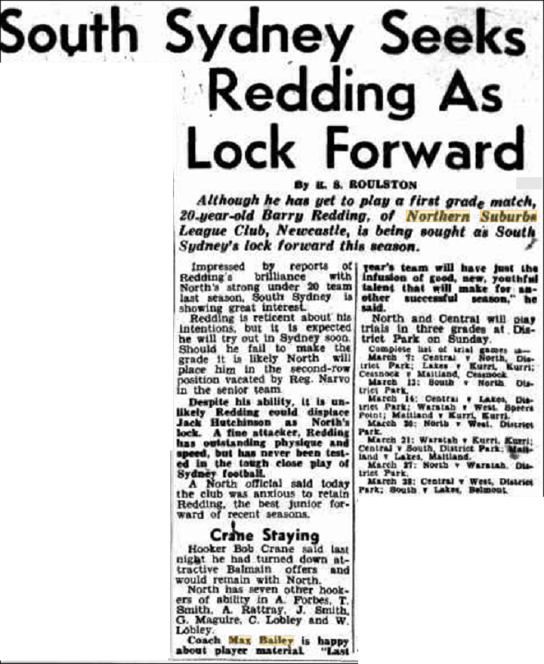 South Sydney seeks Barry Redding 1948.