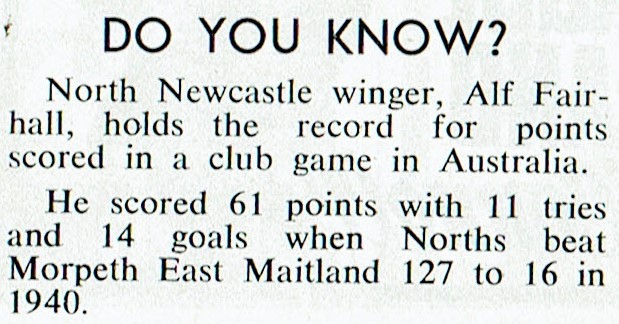 Alf Fairhall Point scoring record in Australia 1940.