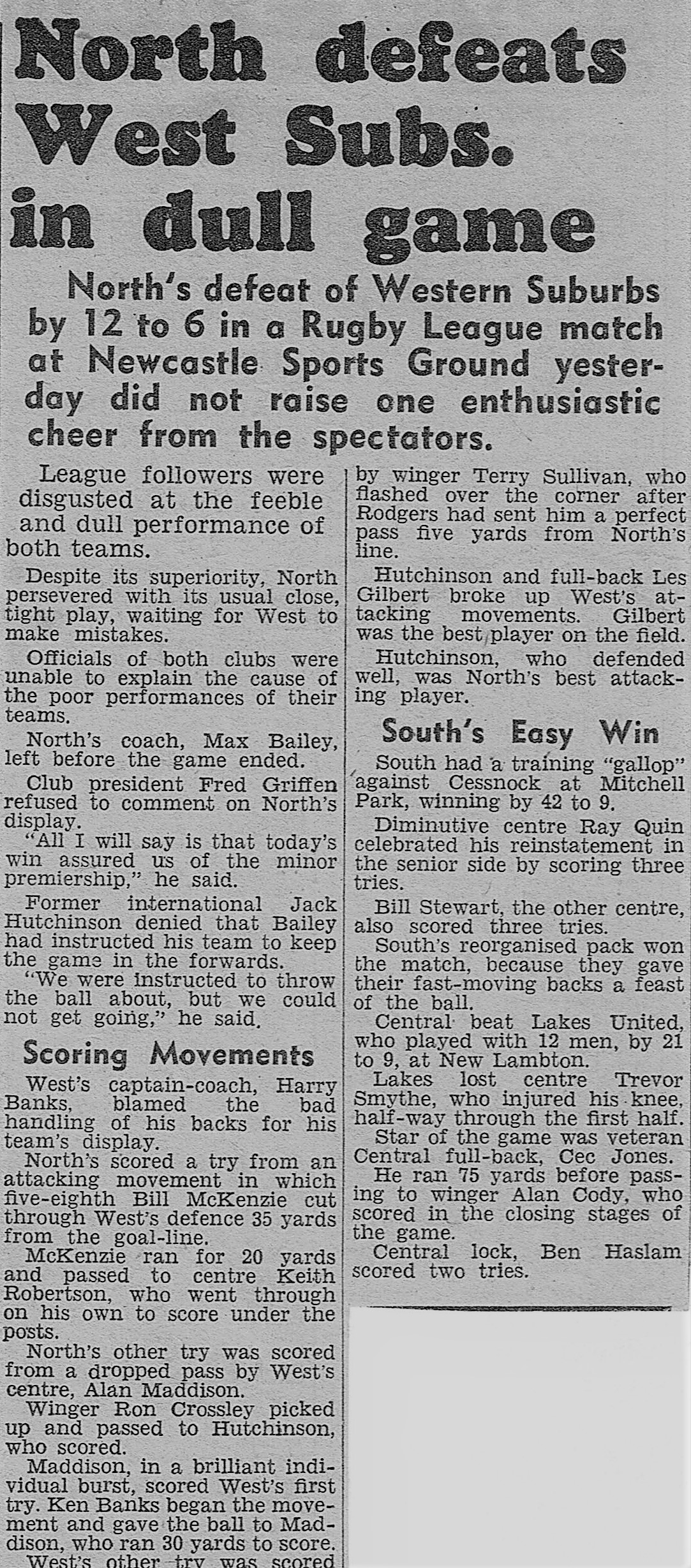 Norths defeat Wests in dull game 1948.