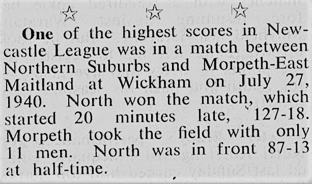 Northern Suburbs defeat Morpeth 127 - 18 in 1940.