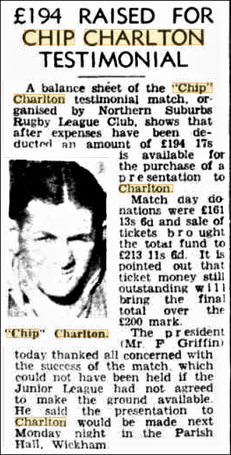 Money raised for Chip Charlton Testimonial 1945.