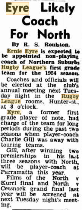 Ernie Eyre likely to Coach North's in 1954.