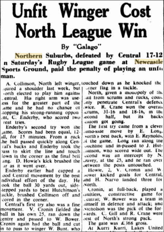 Northern Suburbs defeat Central Newcastle 1951.