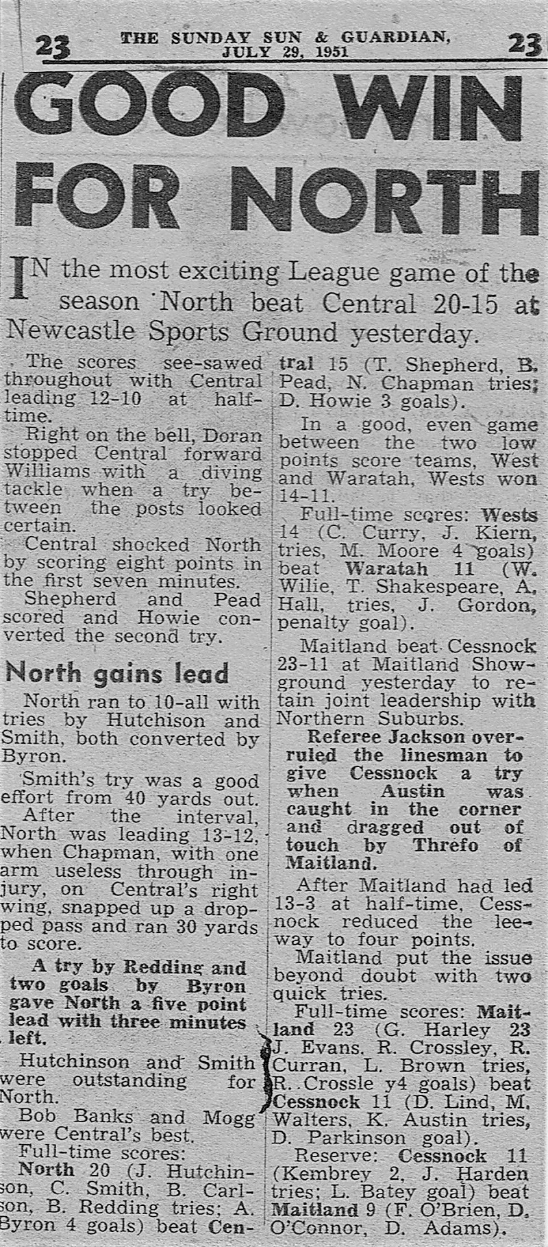 Northern Suburbs defeat Central 29th July 1951