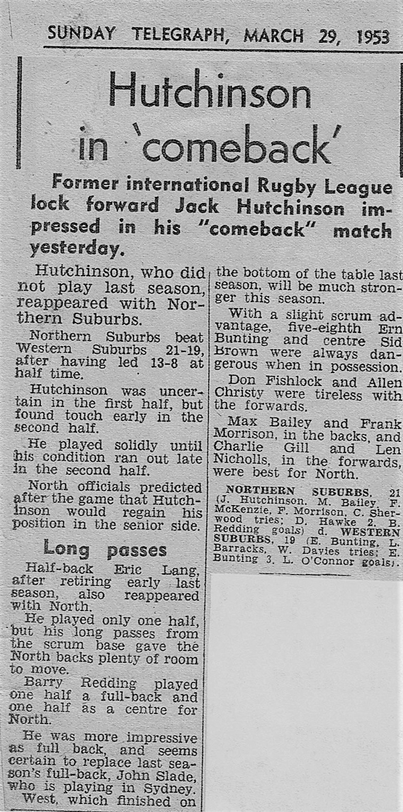 Jack Hutchinson's comeback 29th March 1953