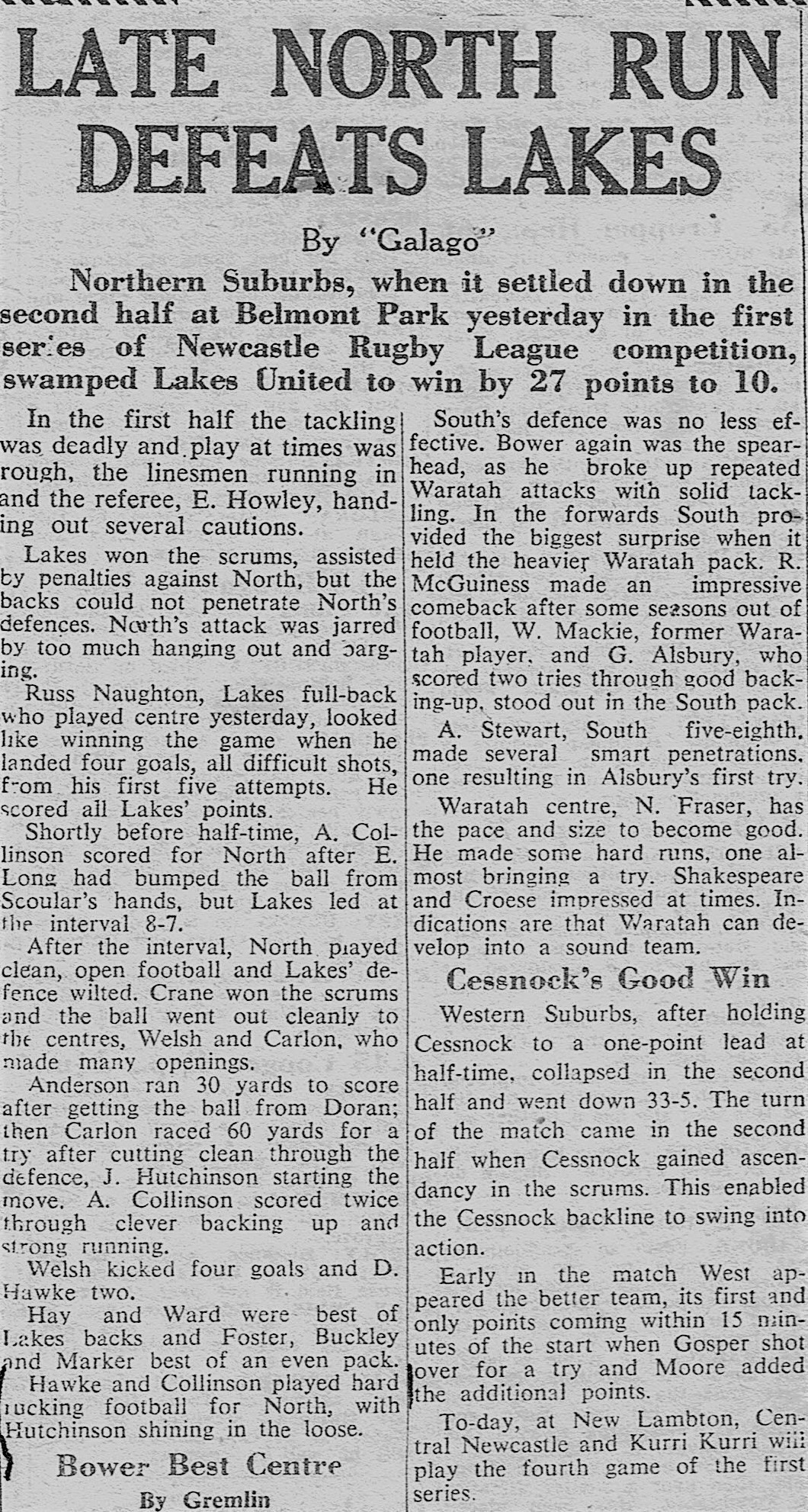 Northern Suburbs defeat Lakes United 1950.