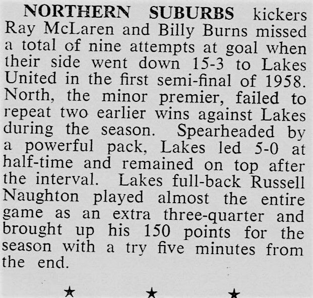 Lakes United defeated Northern Suburbs 1958.