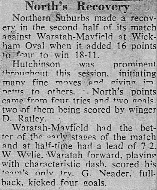 Northern Suburbs defeat Waratah Mayfield 1950.