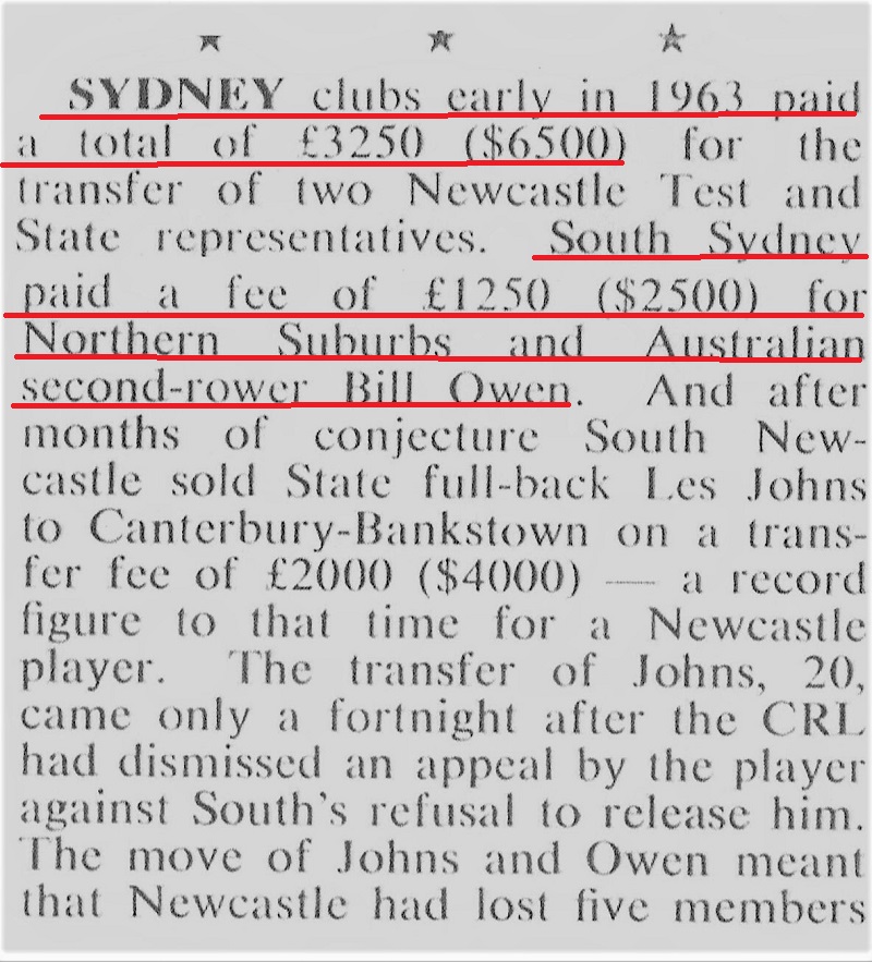 Bill Owen Transfer fee 1963.