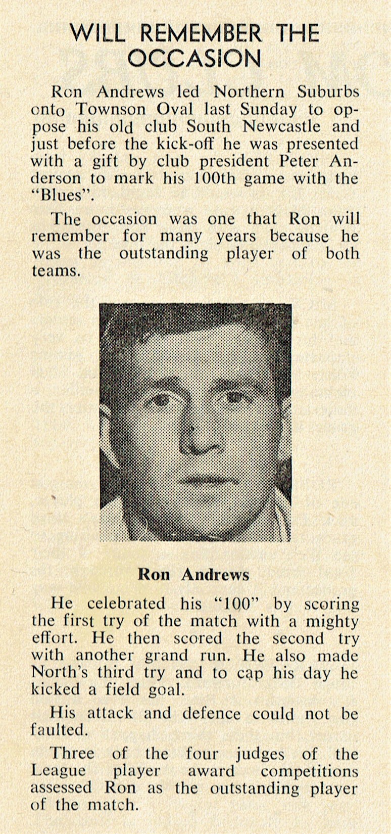 Ron Andrews 100 Games 1974.