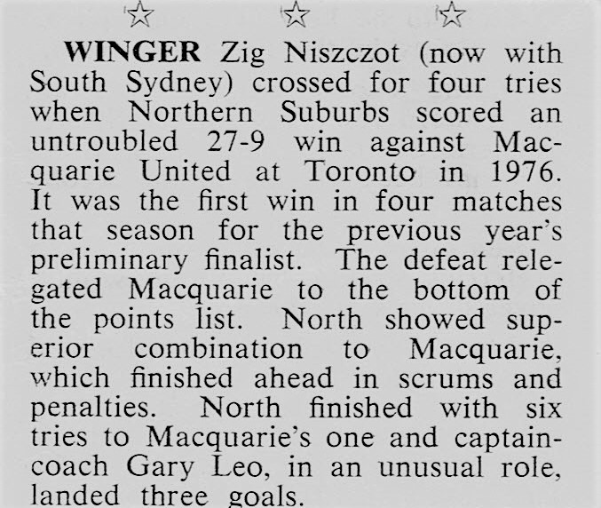 Ziggy Nisczcot scores 4 trys against Macquarie 1976..