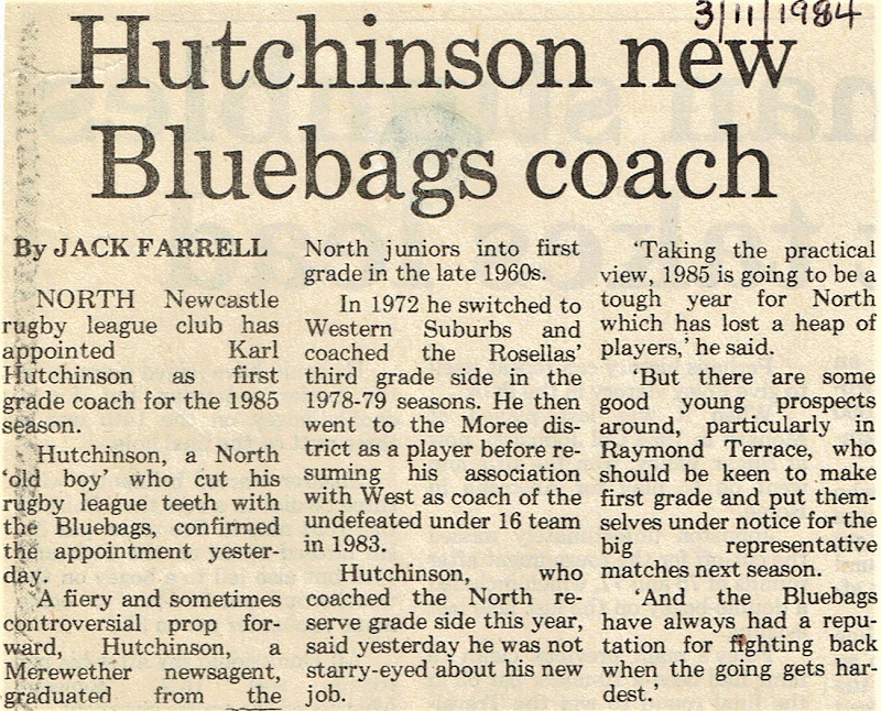 Karl Hutchinson appointed Coach for Season 1985.
