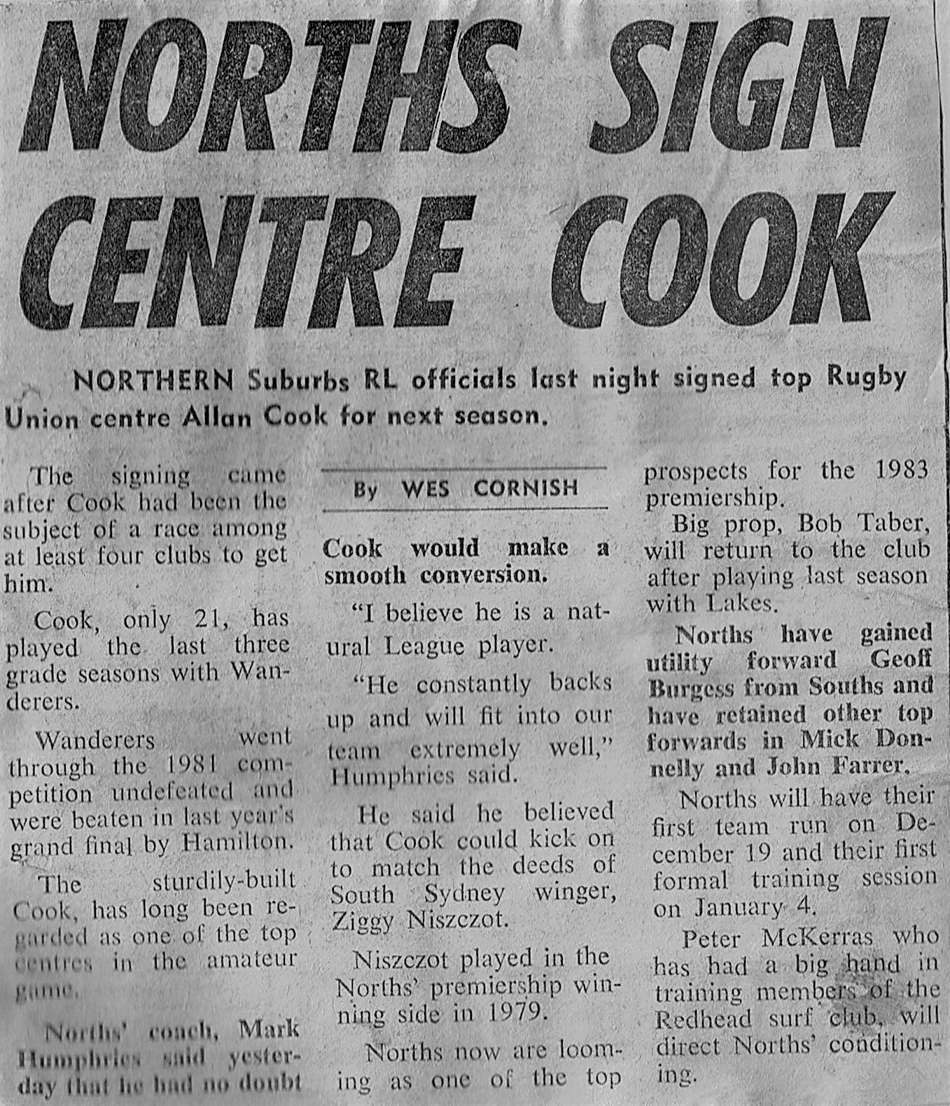 North sign Rugby Union Centre Allan Cook.