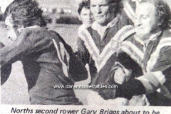 Northern Suburbs 2nd Rower Gary Briggs about to be tackled by Kurri's Johnny Raper