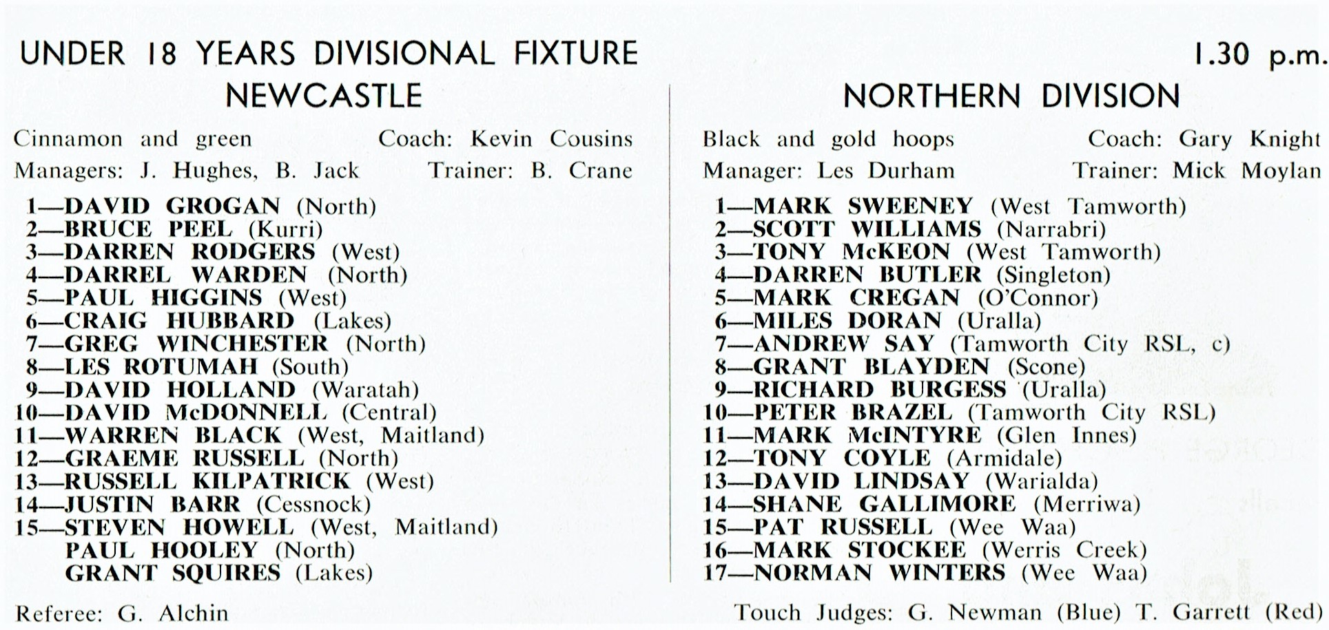 Newcastle vs Northern Divsion,Under 18's - 1983