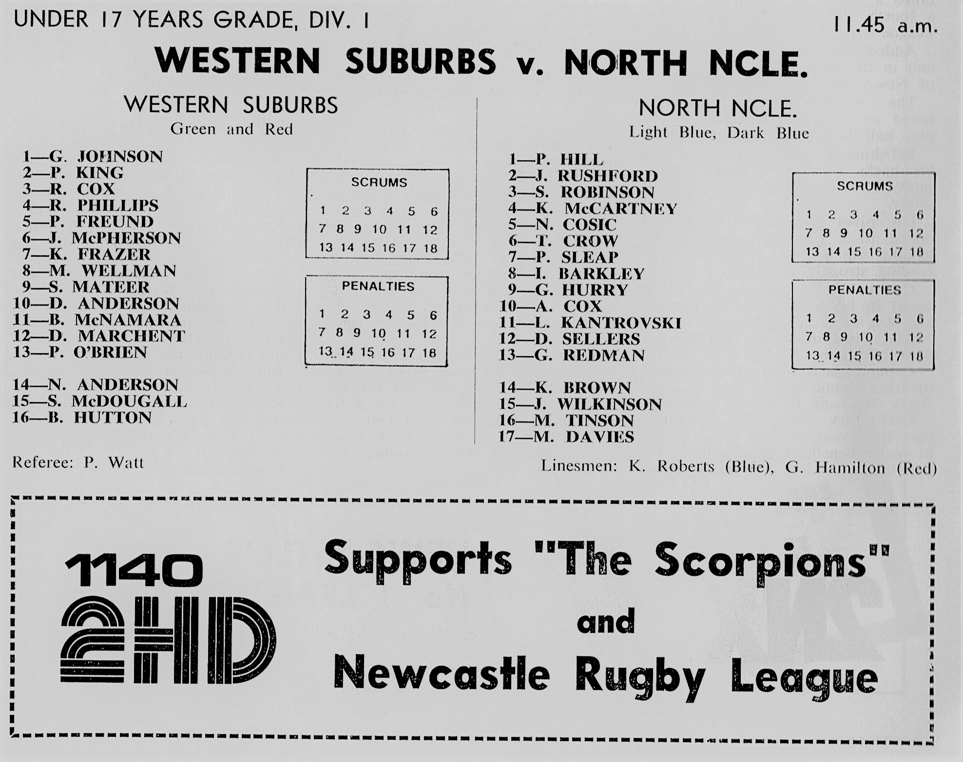 Wests vs Norths Under 17's - Sat 3rd June 1978