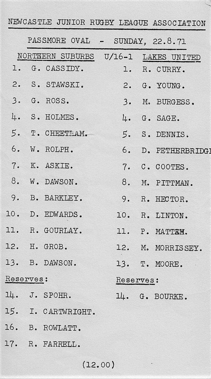 Northern Suburbs vs Lakes United Under 16's 1971.