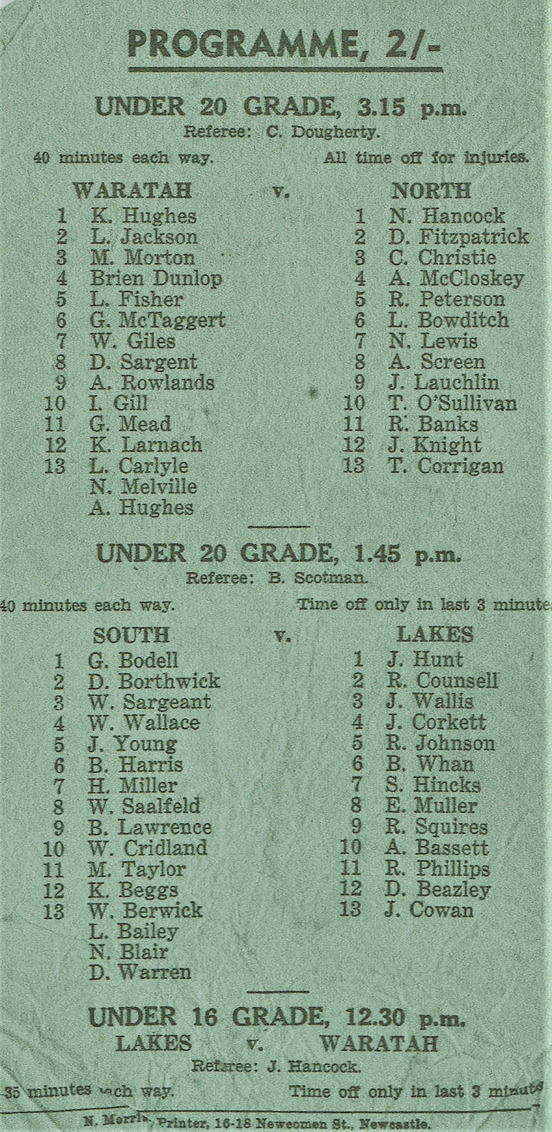 Under 20 Waratah vs North - 1957