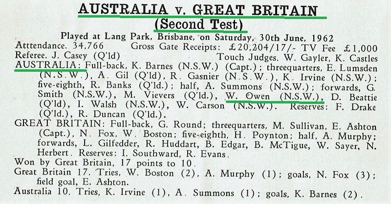 Bill Owen Australia vs Great Britain Lang park 1962.
