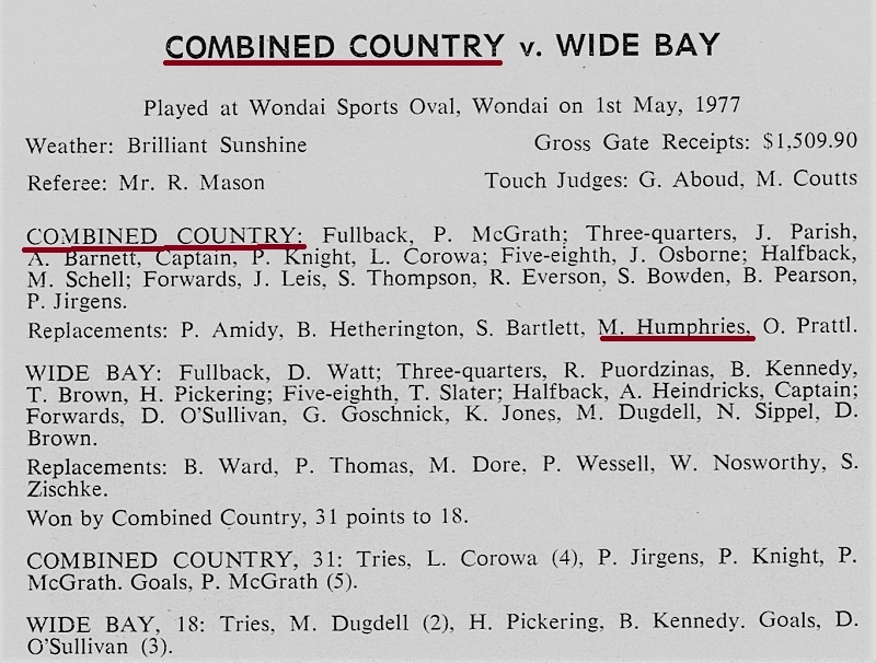 Mark Humphries Combined Country vs Wide Bay 1977.