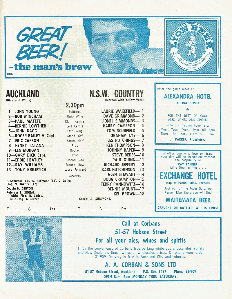 Karl Hutchinson NSW Country Vs Auckland 1970.