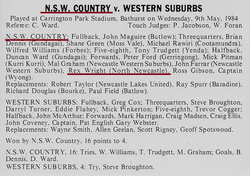 Rex Wright NSW Country vs Western Suburbs 1984.