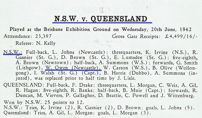 Bill Owen NSW vs Queensland 2nd Match 1962.