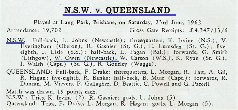 Bill Owen NSW vs Queensland 3rd Match 1962.