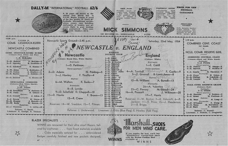 Newcastle vs England 22nd May 1954.