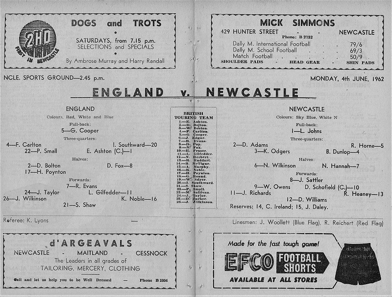 Newcastle vs England,4th June 1962.