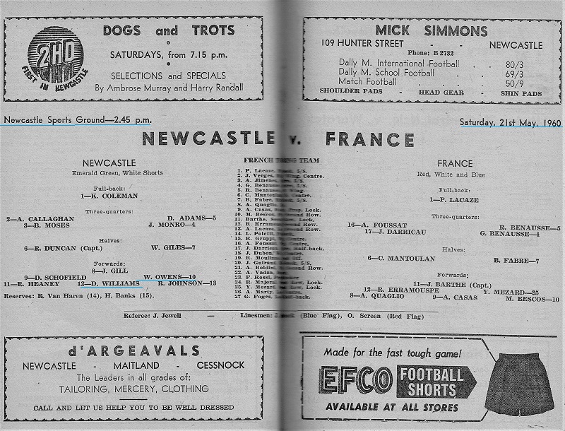 Newcastle vs France 21st May 1960.