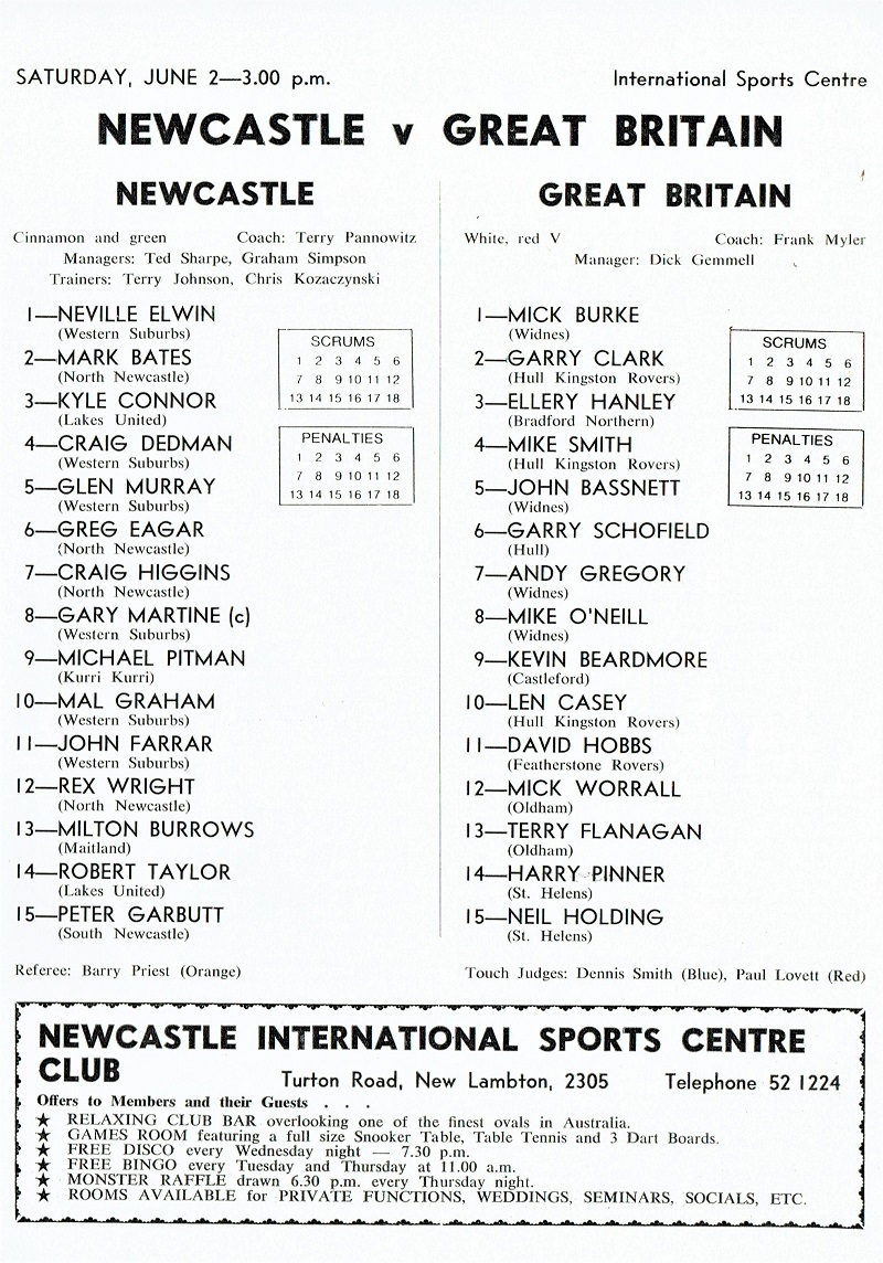 Newcastle vs Great Britain 2nd June 1984.