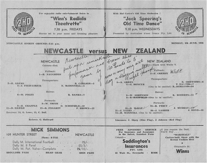 Newcastle vs New Zealand 4th June 1956.