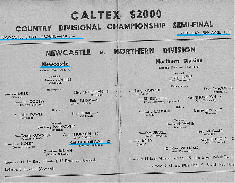Newcastle vs Northern Division 20th April 1968.
