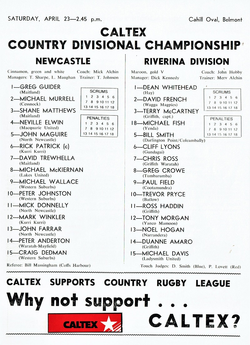 Newcastle vs Riverina 23rd April 1983.