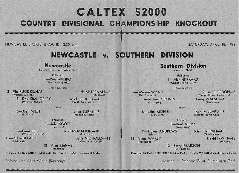 Newcastle vs Southern Division 17th April 1972.