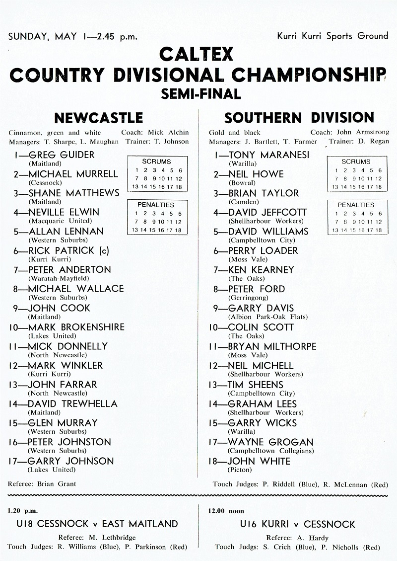 Newcastle vs Southern Division 1st May 1983.