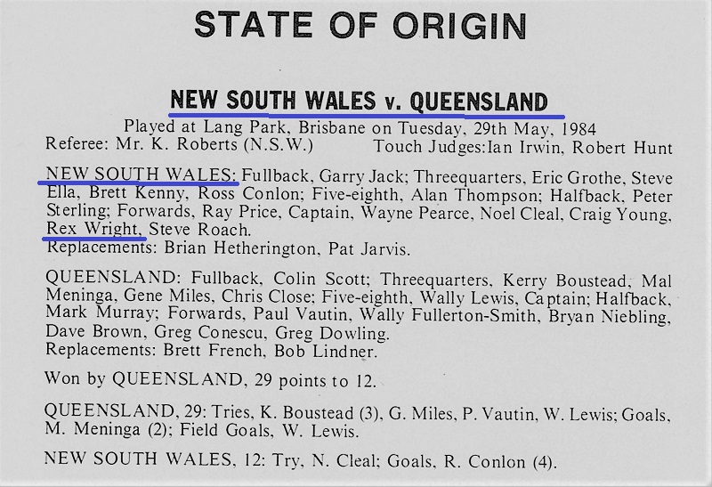 Rex Wright Queensland vs NSW 1984.
