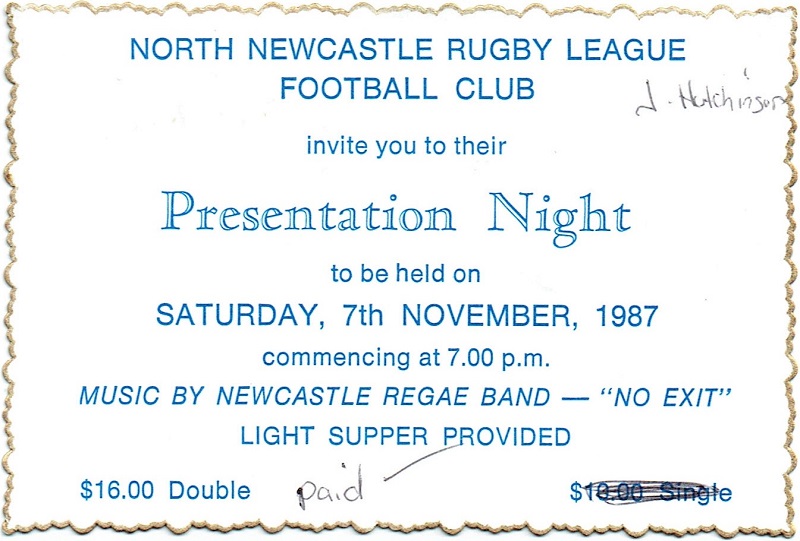 Jack Hutchinson Invitation to Presentation Night 1987