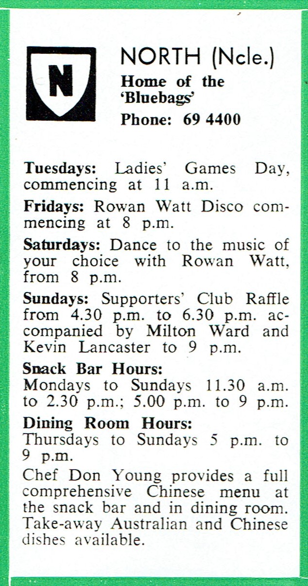 North Newcastle Leagues Club advertisment 1980.