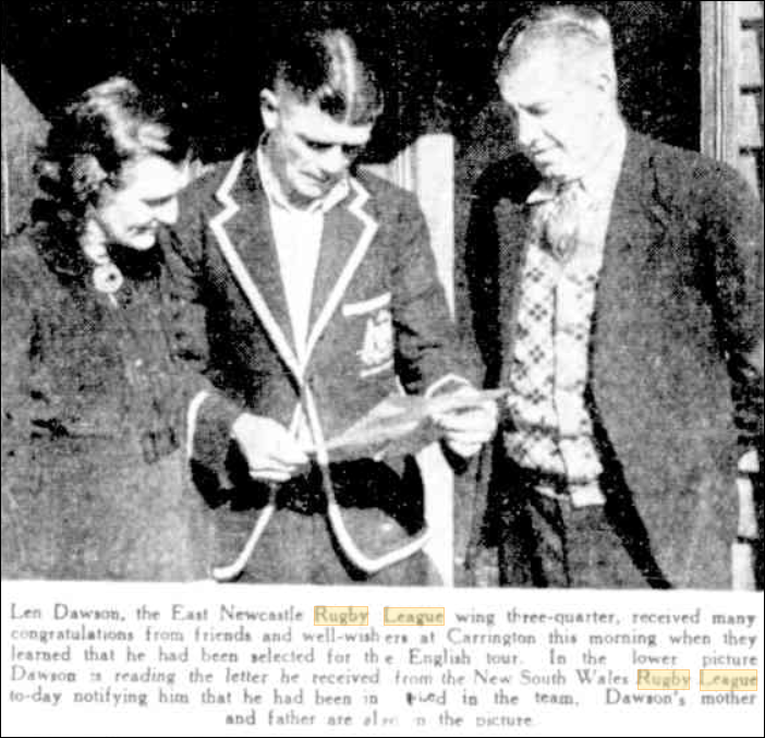 Len Dawson selected for 1937 Kangaroos.Pictured with Father and Mother Monday 28th June 1937