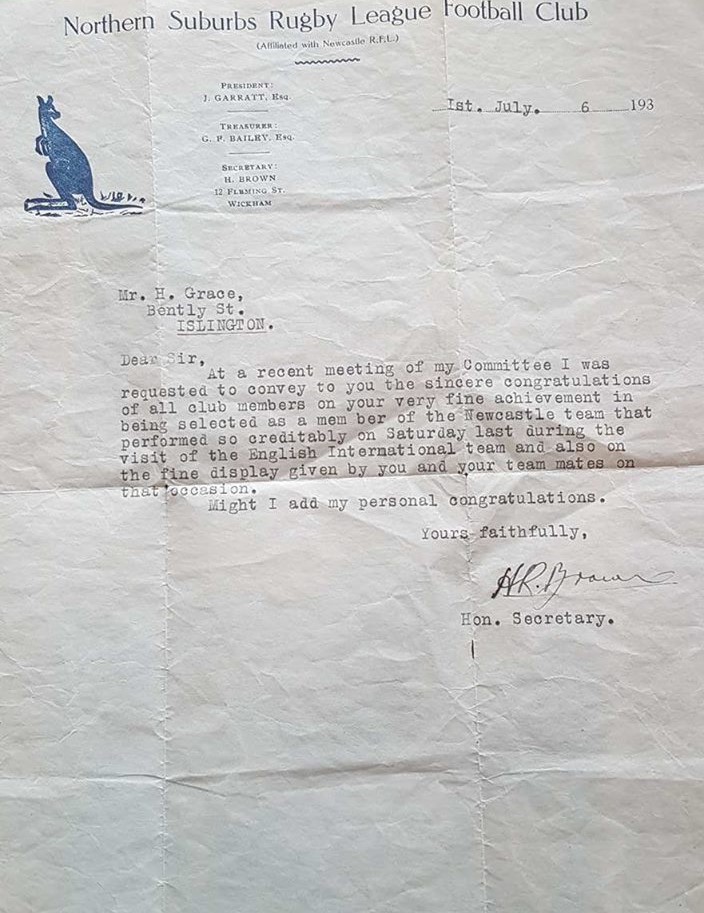 Letter to Harold Grace on game performance for Newcastle 1936.