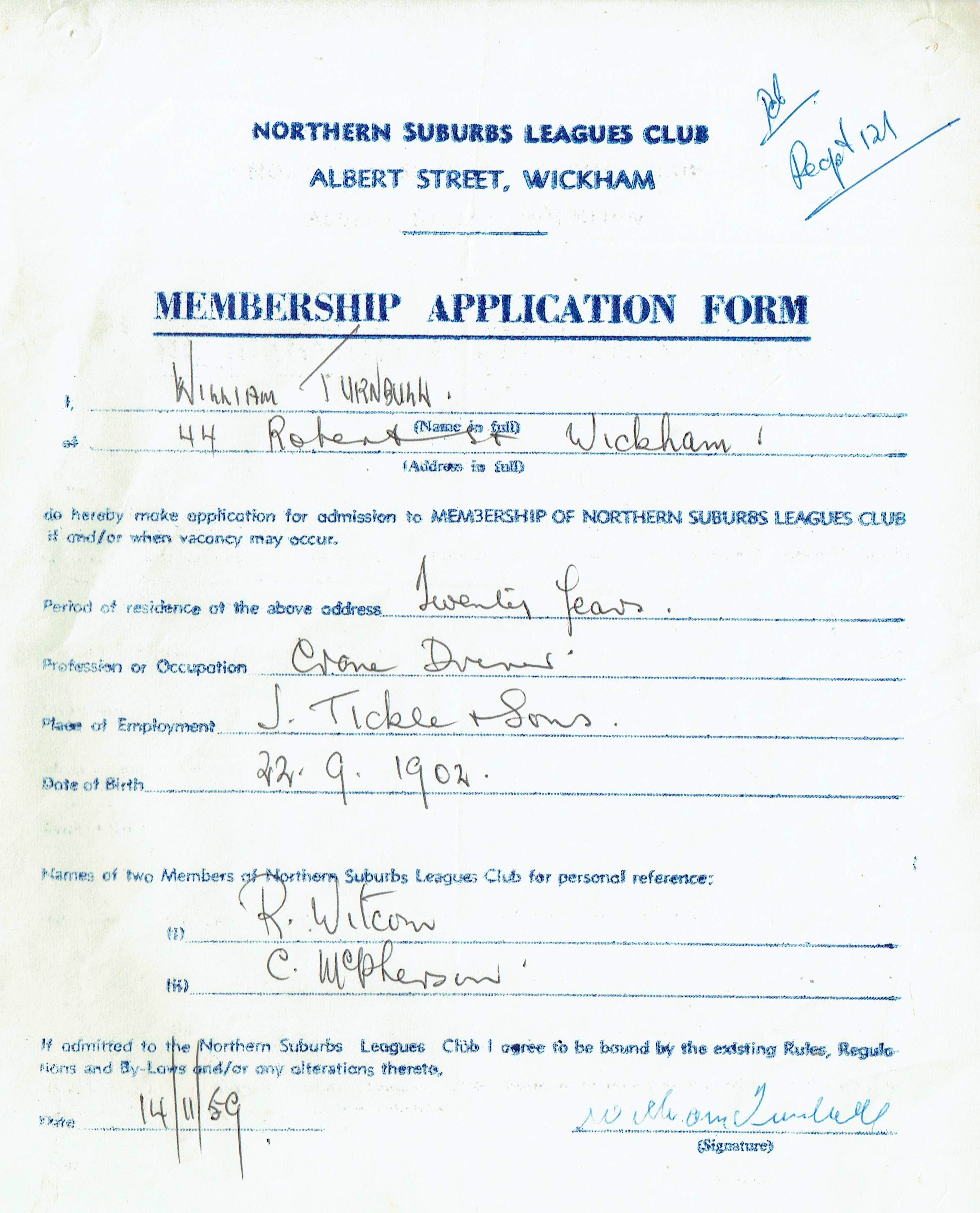 Northern Suburbs Leagues Club Application 1959.