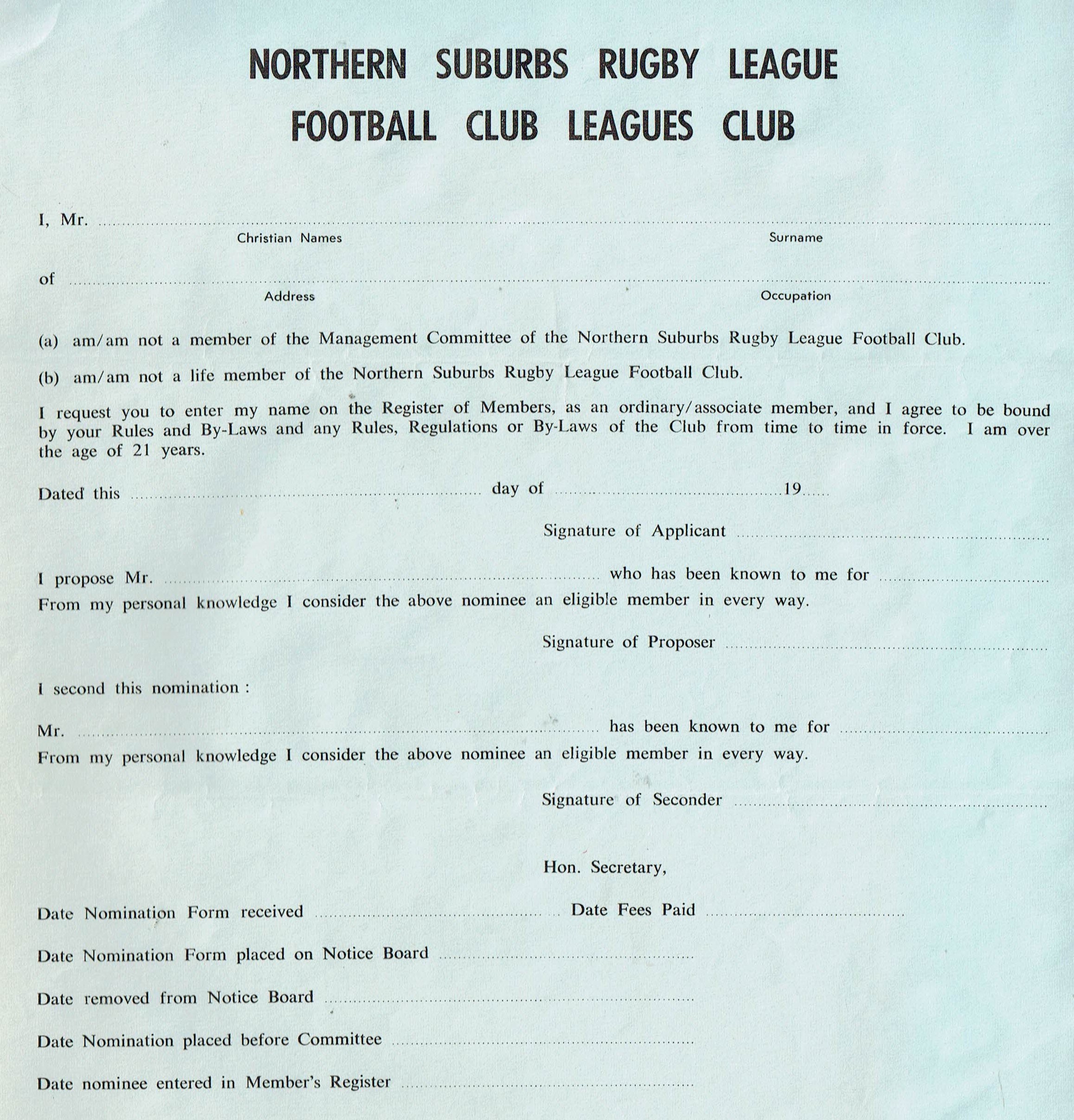 Northern Suburbs Leagues Club Application