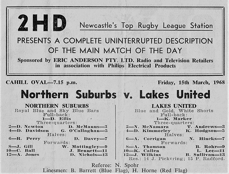 Northern Suburbs vs Lakes Unite Trial Match 1968.