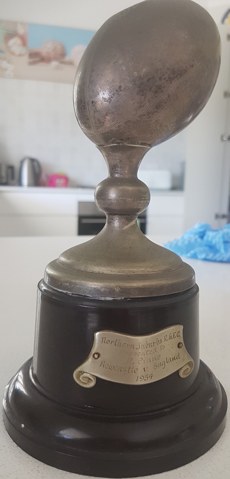 Trophy from Northern Suburbs presented to Bob Crane on representing Newcastle against England 1954
